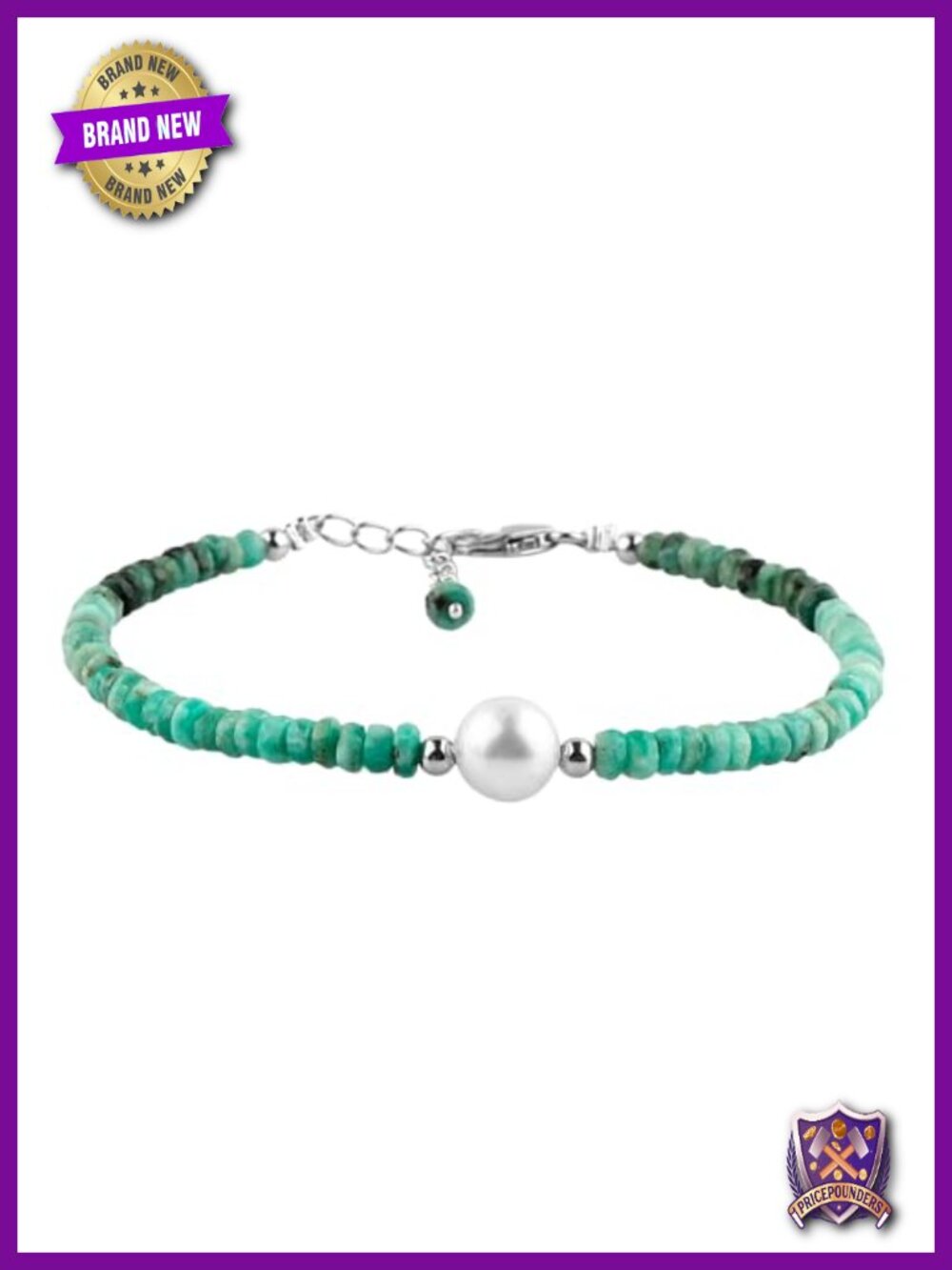 Natural Emerald Beaded Bracelet with Pearl, 925 Sterling Silver Lobster Claw,